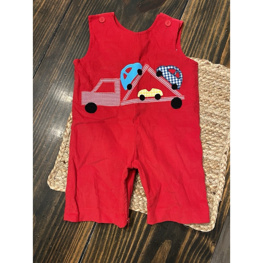 Funtasia Too‎ Velvet Red Longall Cars Smocked Jon Jon Appliqué 3 Month